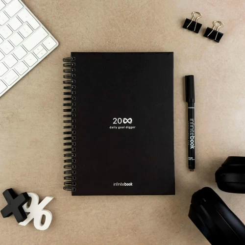 STARTER KIT INFINITE PLANNER A5. A készlet tartalmaz egy „végtelen naplót”, tisztító készletet, markert és markertartót
