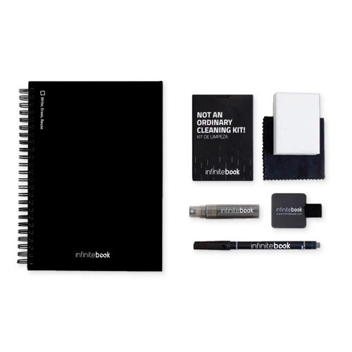 STARTER KIT INFINITEBOOK A5. A készlet tartalmaz egy „Infinitebook”-ot, egy tisztító készletet, egy markert és egy markertartót