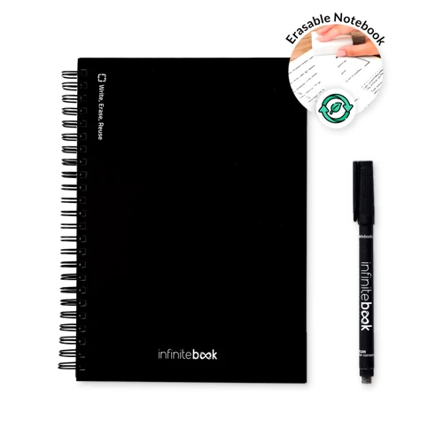 STARTER KIT INFINITEBOOK A5. A készlet tartalmaz egy „Infinitebook”-ot, egy tisztító készletet, egy markert és egy markertartót