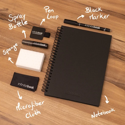 STARTER KIT INFINITEBOOK A5 PLANNER TEXTURE. Készlet, amely tartalmazza az „Infinitebook” kemény borítós könyvet, 1 tisztító készletet, 1 jelölőt és 1 golyóstoll tartót