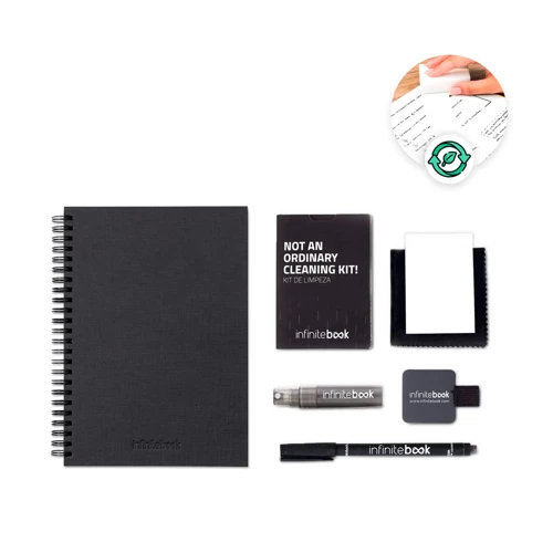 STARTER KIT INFINITEBOOK A5 PLANNER TEXTURE. Készlet, amely tartalmazza az „Infinitebook” kemény borítós könyvet, 1 tisztító készletet, 1 jelölőt és 1 golyóstoll tartót