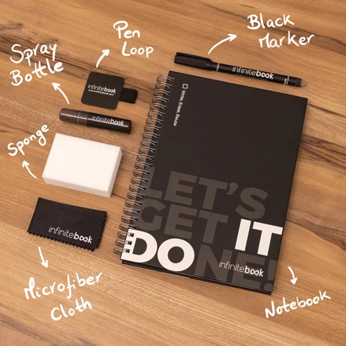 STARTER KIT INFINITEBOOK. Infinitebook" készlet keménytáblás borítóval, 1 tisztító készlettel, 1 jelölővel és 1 golyóstoll-tartóval