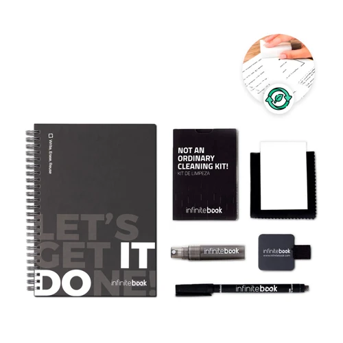 STARTER KIT INFINITEBOOK. Infinitebook" készlet keménytáblás borítóval, 1 tisztító készlettel, 1 jelölővel és 1 golyóstoll-tartóval