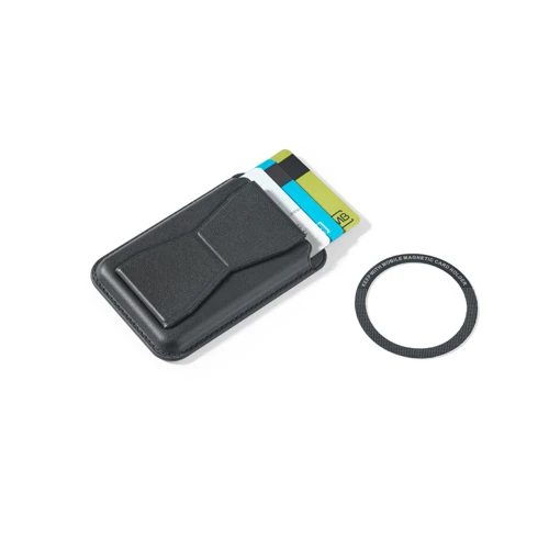 CONNOR. Mágneses PU kártyatartó, amely könnyen rögzíthető a mobiltelefon hátuljára, RFID-védelemmel Fekete 