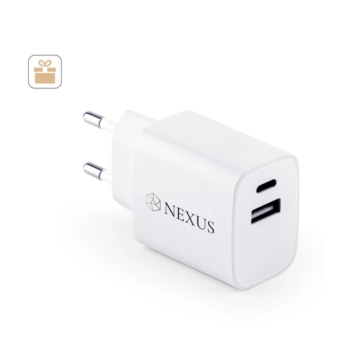 WEGENER. Tápegység USB-A csatlakozóval 18W és USB-C 20W újrahasznosított ABS-ből (100% rABS) Fehér 