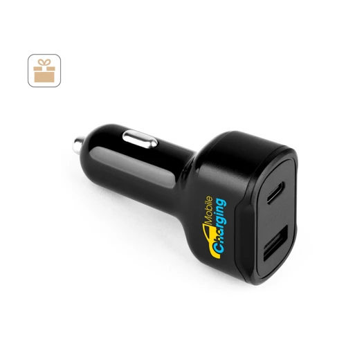 DIRAC. Szivargyújtó adapter USB-A porttal 18W és USB-C 20W újrahasznosított ABS (100% rABS)-ből Fekete 