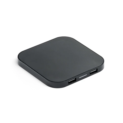 CAROLINE. Szupergyors 15W-os vezeték nélküli töltő HUB 2 USB-A porttal újrahasznosított ABS-ből (60% rABS) Fekete 
