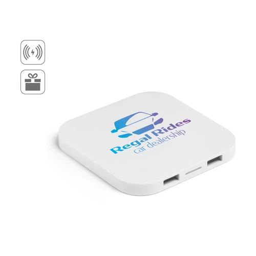 CAROLINE. Szupergyors 15W-os vezeték nélküli töltő HUB 2 USB-A porttal újrahasznosított ABS-ből (60% rABS) Fekete 
