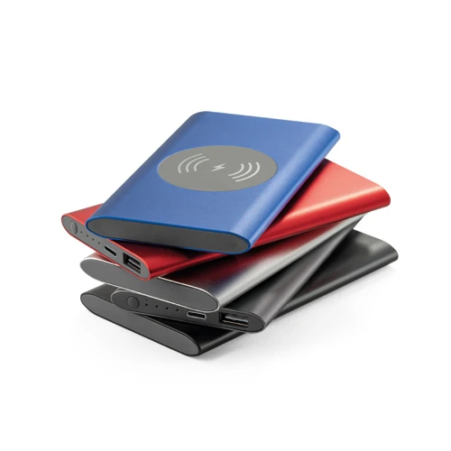 CASSINI. Power bank 4.000 mAh 5W-os vezeték nélküli töltővel újrahasznosított alumíniumból (100%-ban rAL) Fekete 
