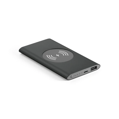 CASSINI. Power bank 4.000 mAh 5W-os vezeték nélküli töltővel újrahasznosított alumíniumból (100%-ban rAL) Fekete 