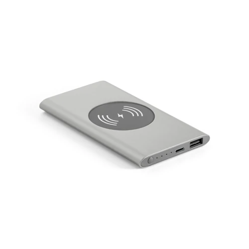 CASSINI. Power bank 4.000 mAh 5W-os vezeték nélküli töltővel újrahasznosított alumíniumból (100%-ban rAL) Szatén ezüst 