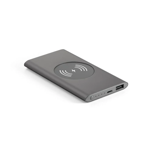CASSINI. Power bank 4.000 mAh 5W-os vezeték nélküli töltővel újrahasznosított alumíniumból (100%-ban rAL) Sötétszürke 