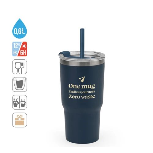 JOYNER M. Kompakt, rozsdamentes acél utazóbögre (91% újrahasznosított), vákuumszigetelt, duplafalú, matt felületű, 600 ml Fekete 
