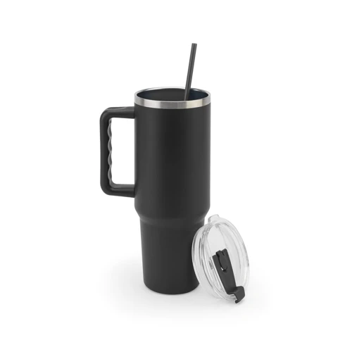 JOYNER XL. Nagy, rozsdamentes acél utazóbögre (91% újrahasznosított), vákuumszigetelt duplafalú, matt felületű, 1300 ml Fekete 
