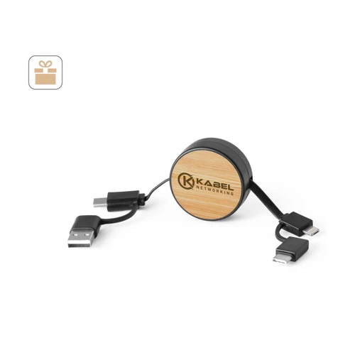 RUBINS. 6 az 1-ben összehúzható USB kábel újrahasznosított ABS-ből (100% rABS) és bambuszból Fekete 