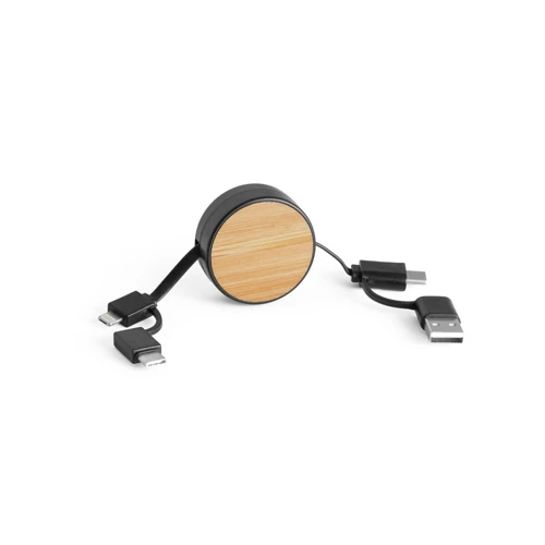 RUBINS. 6 az 1-ben összehúzható USB kábel újrahasznosított ABS-ből (100% rABS) és bambuszból Fekete 