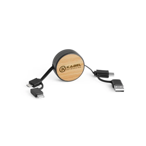 RUBINS. 6 az 1-ben összehúzható USB kábel újrahasznosított ABS-ből (100% rABS) és bambuszból Fekete 