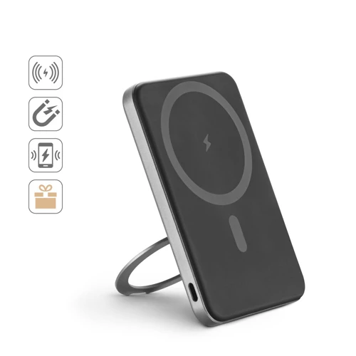 WARSHEL 5. 5.000 mAh-s mágneses power bank 15W szupergyors vezeték nélküli töltővel újrahasznosított ABS-ből (100% rABS) állvánnyal Sötétszürke 