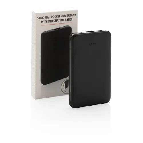 5000 mAh zsebben hordható powerbank beépített kábellel Fekete 