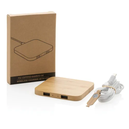 Bambusz 5W-os vezeték nélküli töltő USB-vel Barna 