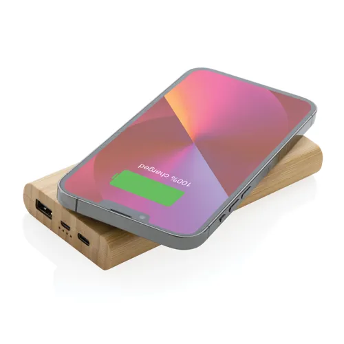 Bambusz 8000 mAh 5W-os vezeték nélküli töltős powerbank Barna 