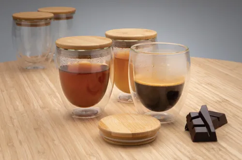 Duplafalú boroszilikát üvegpohár szett bambusz fedővel 250ml Fehér 