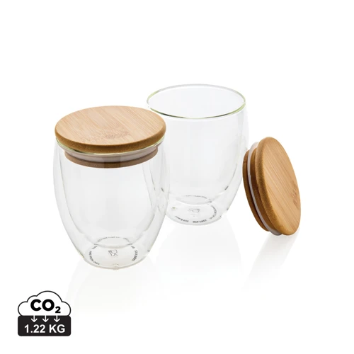 Duplafalú boroszilikát üvegpohár szett bambusz fedővel 250ml Fehér 