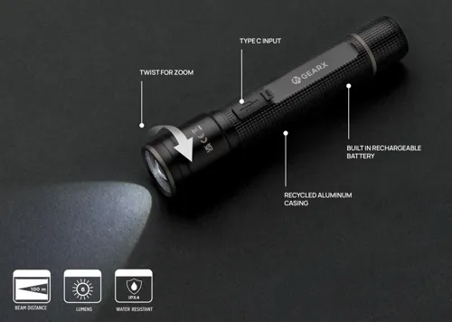 Gear X RCS újrahaszn. alumínium USB újratölthető zseblámpa Fekete 
