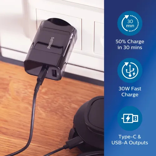 Philips 30W-os ultragyors PD fali töltő Fekete 