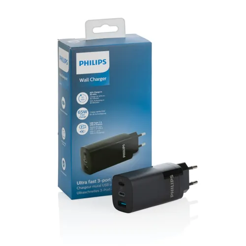 Philips 65W ultra gyors PD 3-portos USB fali töltő Fekete 