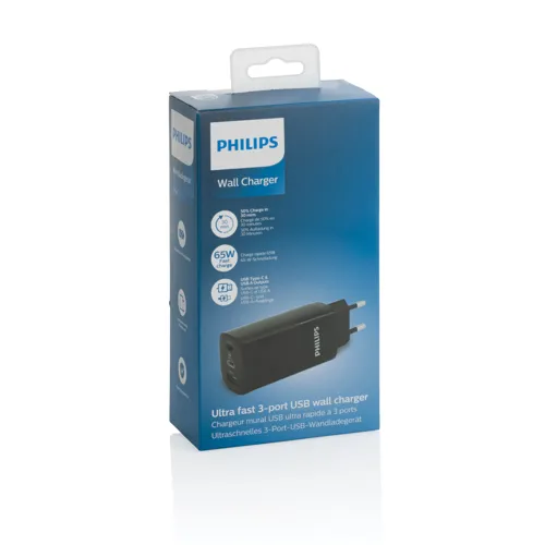 Philips 65W ultra gyors PD 3-portos USB fali töltő Fekete 