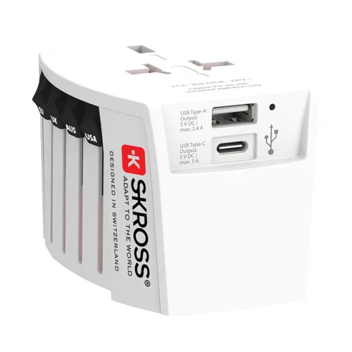 SKROSS világjáró adapter MUV 2 pólusú USB-A-val és C-vel Fehér 