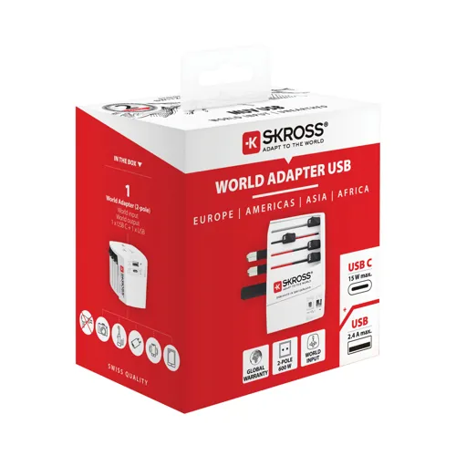SKROSS világjáró adapter MUV 2 pólusú USB-A-val és C-vel Fehér 