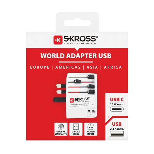 SKROSS világjáró adapter MUV 2 pólusú USB-A-val és C-vel Fehér 