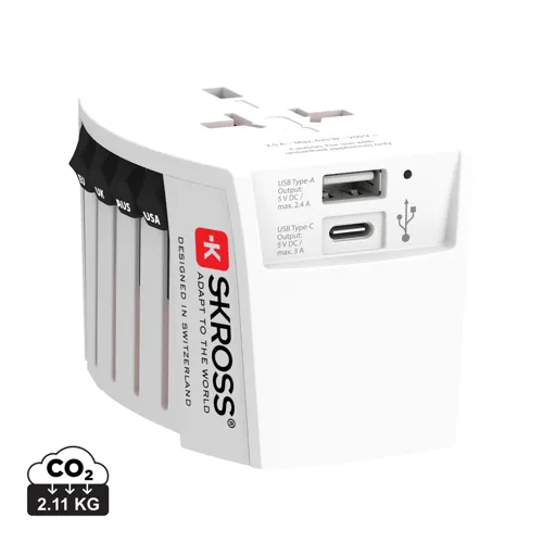 SKROSS világjáró adapter MUV 2 pólusú USB-A-val és C-vel Fehér 