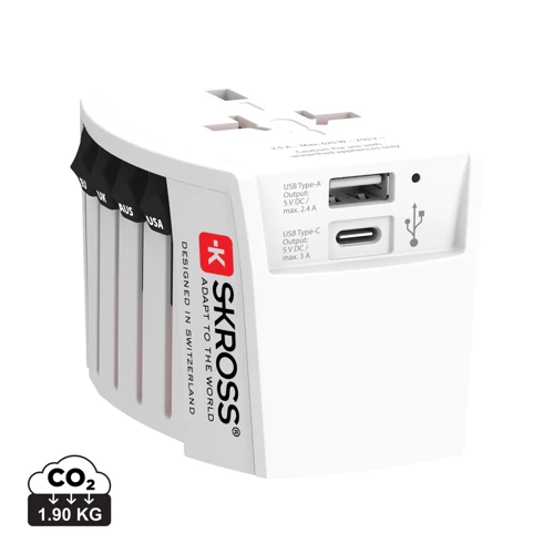 SKROSS világjáró adapter MUV 2 pólusú USB-A-val és C-vel Fehér 