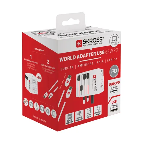 SKROSS világjáró adapter MUV 65 W PD USB-C kábellel Fehér 