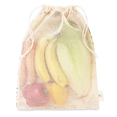 Egy oldalon hálós pamut bevásárlótáska (30x40 cm). Élelmiszerrel érintkezésre alkalmas tanúsítvánnyal.  