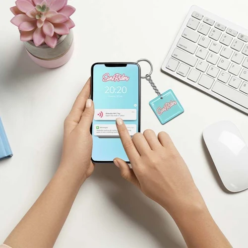 Négyzet alakú, előre programozott NFC kulcstartó műgyantával  