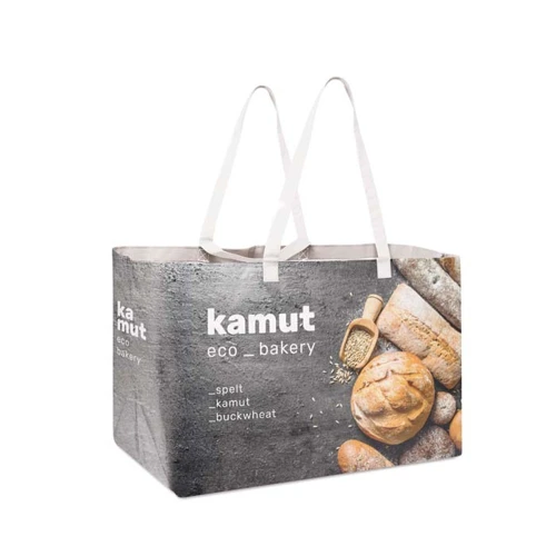 XXL méretű, fekvő formátumú, laminált bevásárlótáska (90x38x35 cm)  