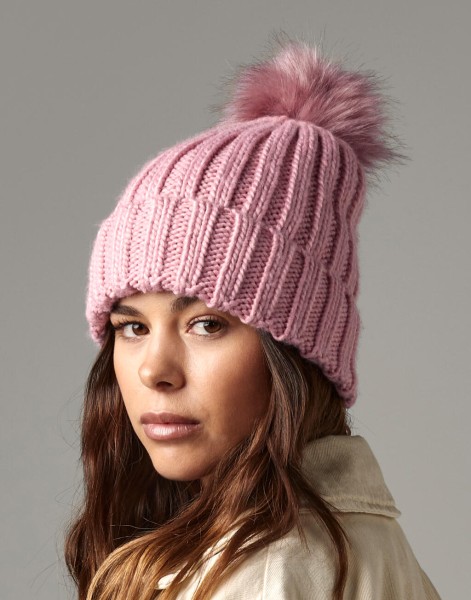 Verbier Fur Pop Pom Chunky Beanie  