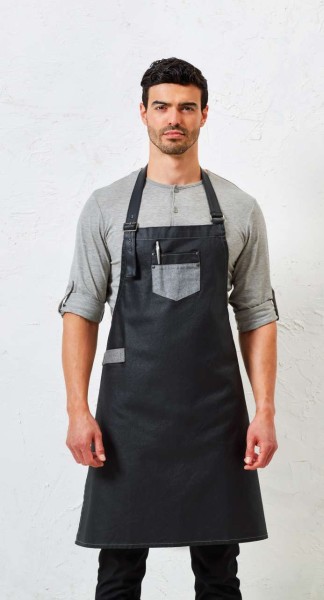 'DIVISION' WAXED LOOK DENIM BIB APRON WITH FAUX LEATHER Kék 