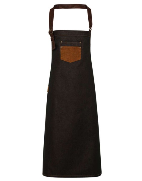 'DIVISION' WAXED LOOK DENIM BIB APRON WITH FAUX LEATHER Fekete 