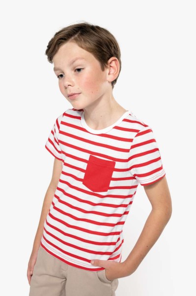KIDS' STRIPED SHORT SLEEVE SAILOR T-SHIRT WITH POCKET Fehér 