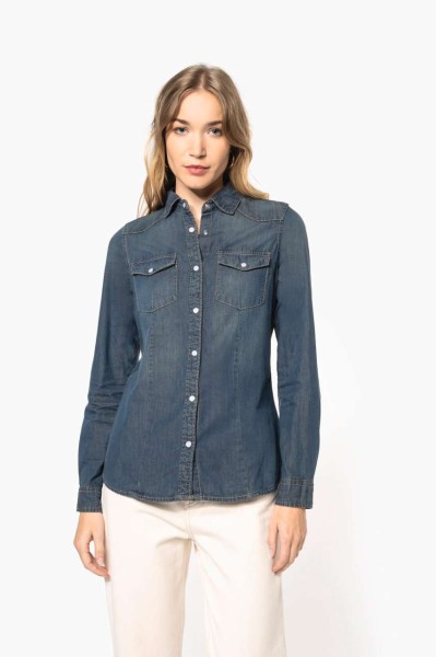 LADIES' LONG-SLEEVED DENIM SHIRT Kék 