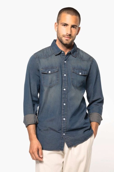 MEN'S LONG-SLEEVED DENIM SHIRT Kék 